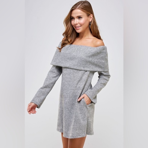 Off the Shoulder Knit Fold Over Sweater Dress with Pockets - Picture 2 of 4